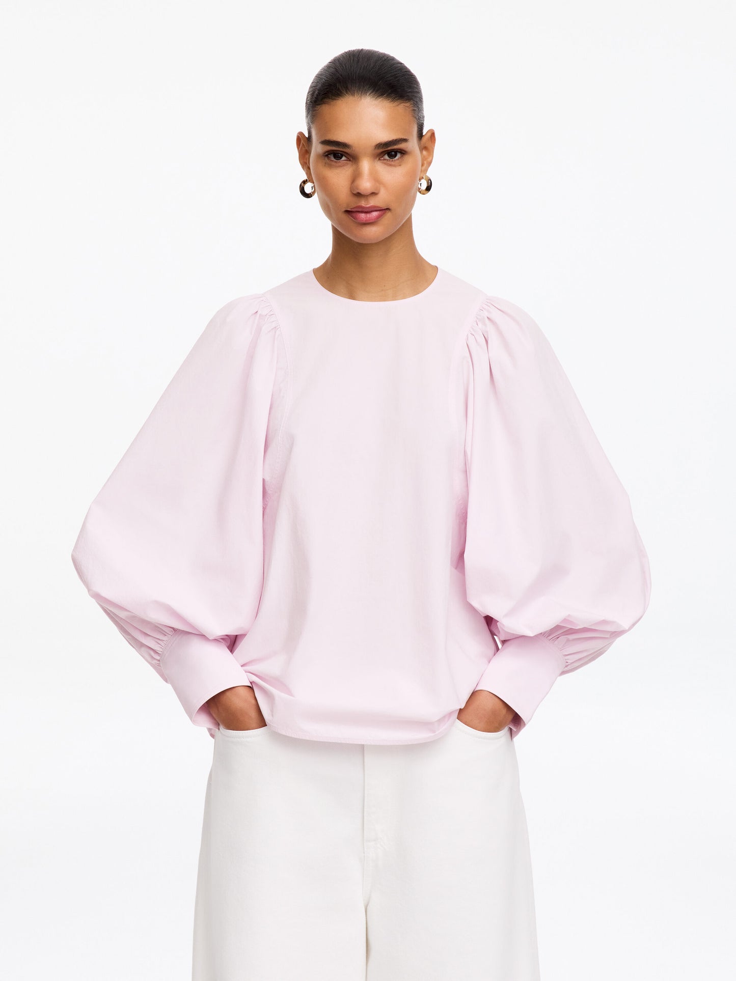 Volume-Sleeve Cotton Blouse - Pink