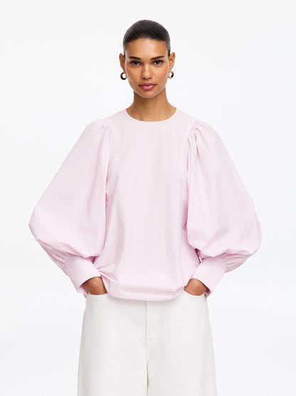 Volume-Sleeve Cotton Blouse - Pink