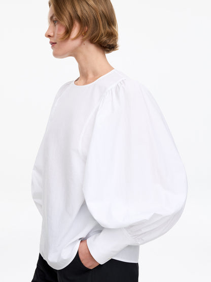 Volume-Sleeve Cotton Blouse - White - Image 4
