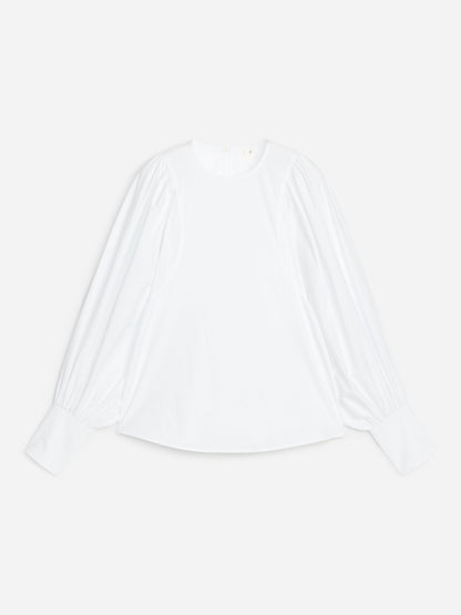 Volume-Sleeve Cotton Blouse - White - Image 5