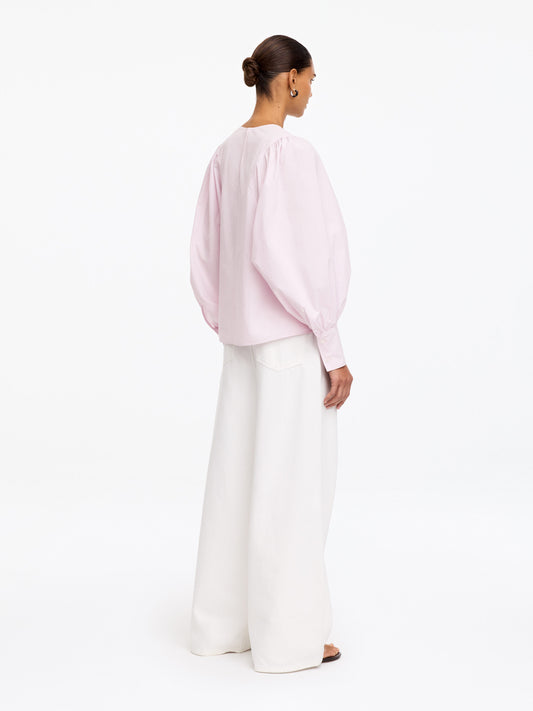 Volume-Sleeve Cotton Blouse - Pink - Image 2
