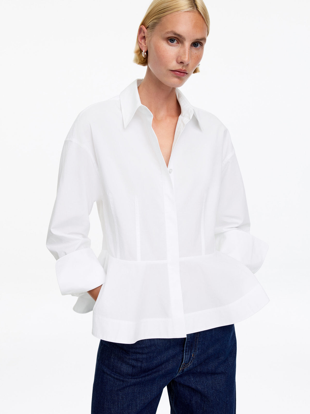 Cotton Peplum Shirt - White - Image 4