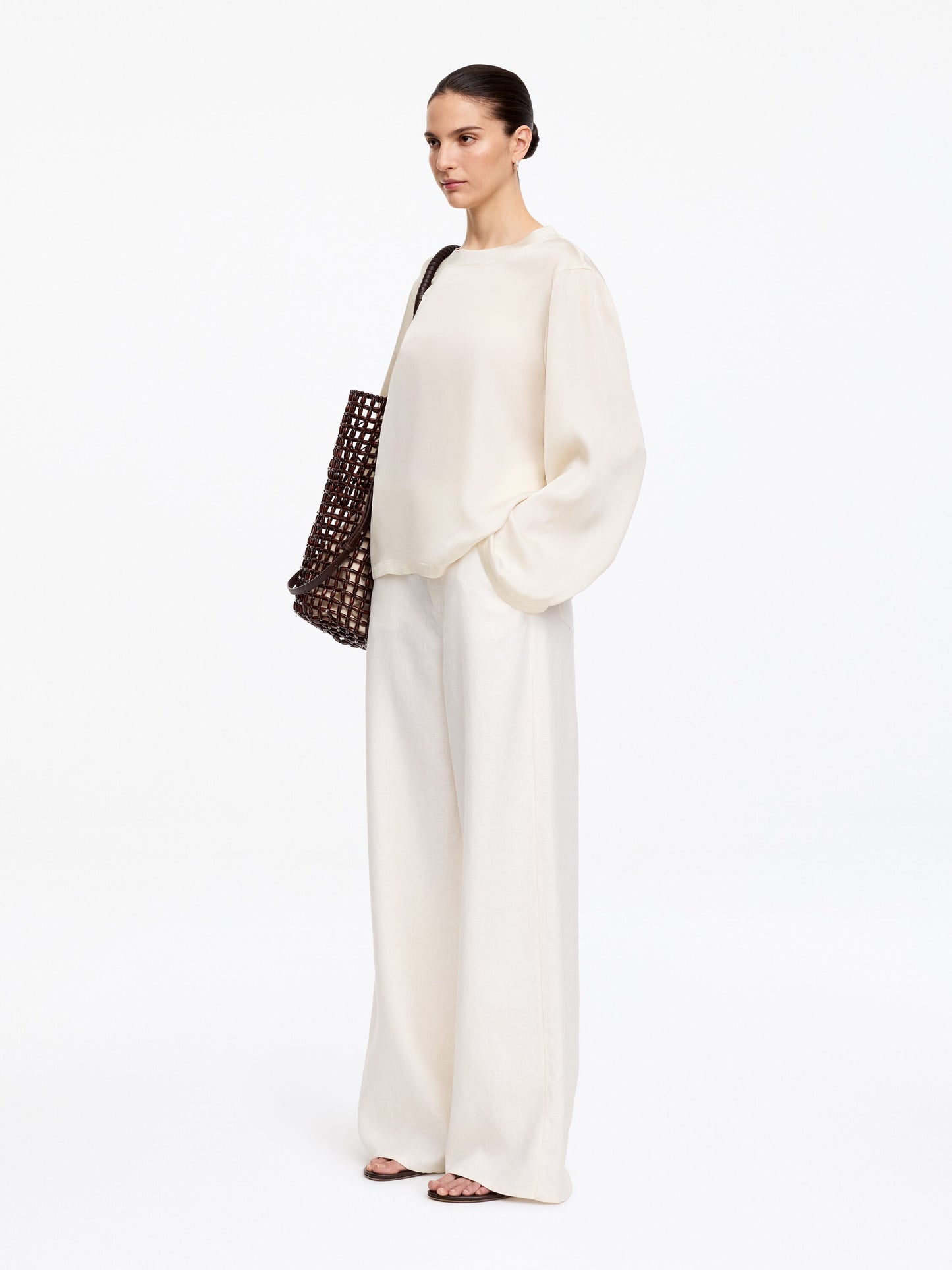 Long-Sleeve Satin Top - White - Image 2