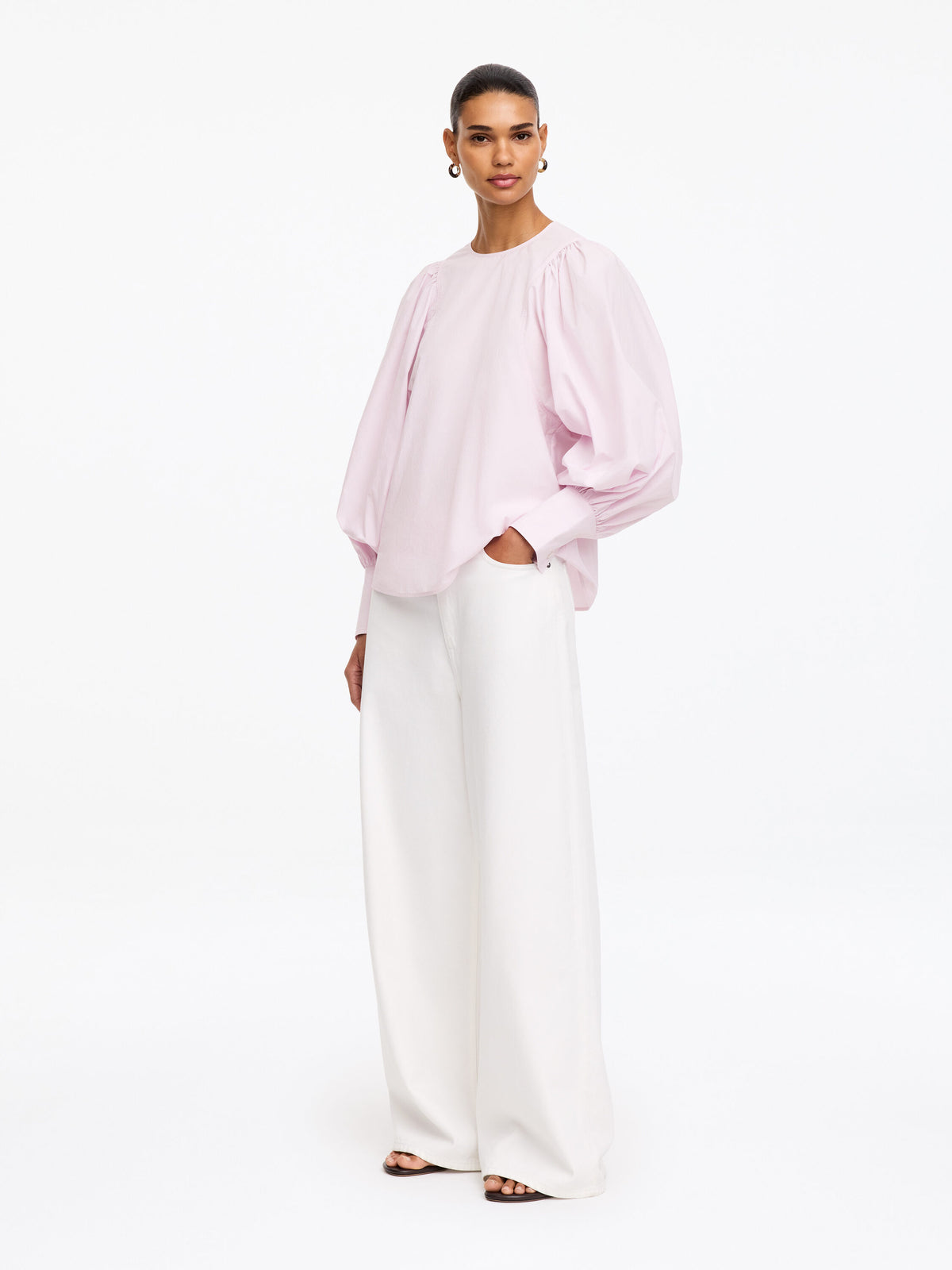 Volume-Sleeve Cotton Blouse - Pink - Image 3