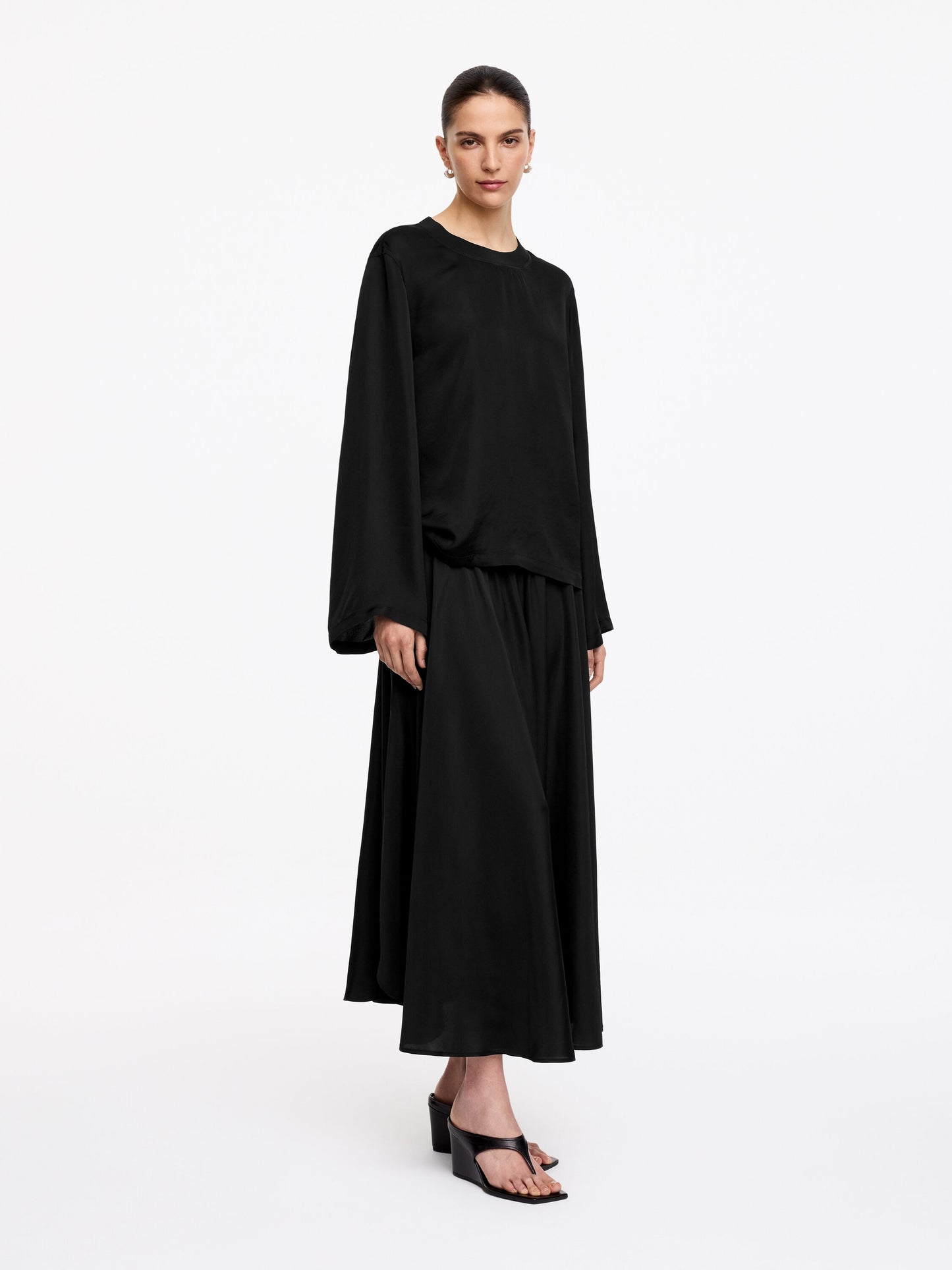 Long-Sleeve Satin Top - Black - Image 2