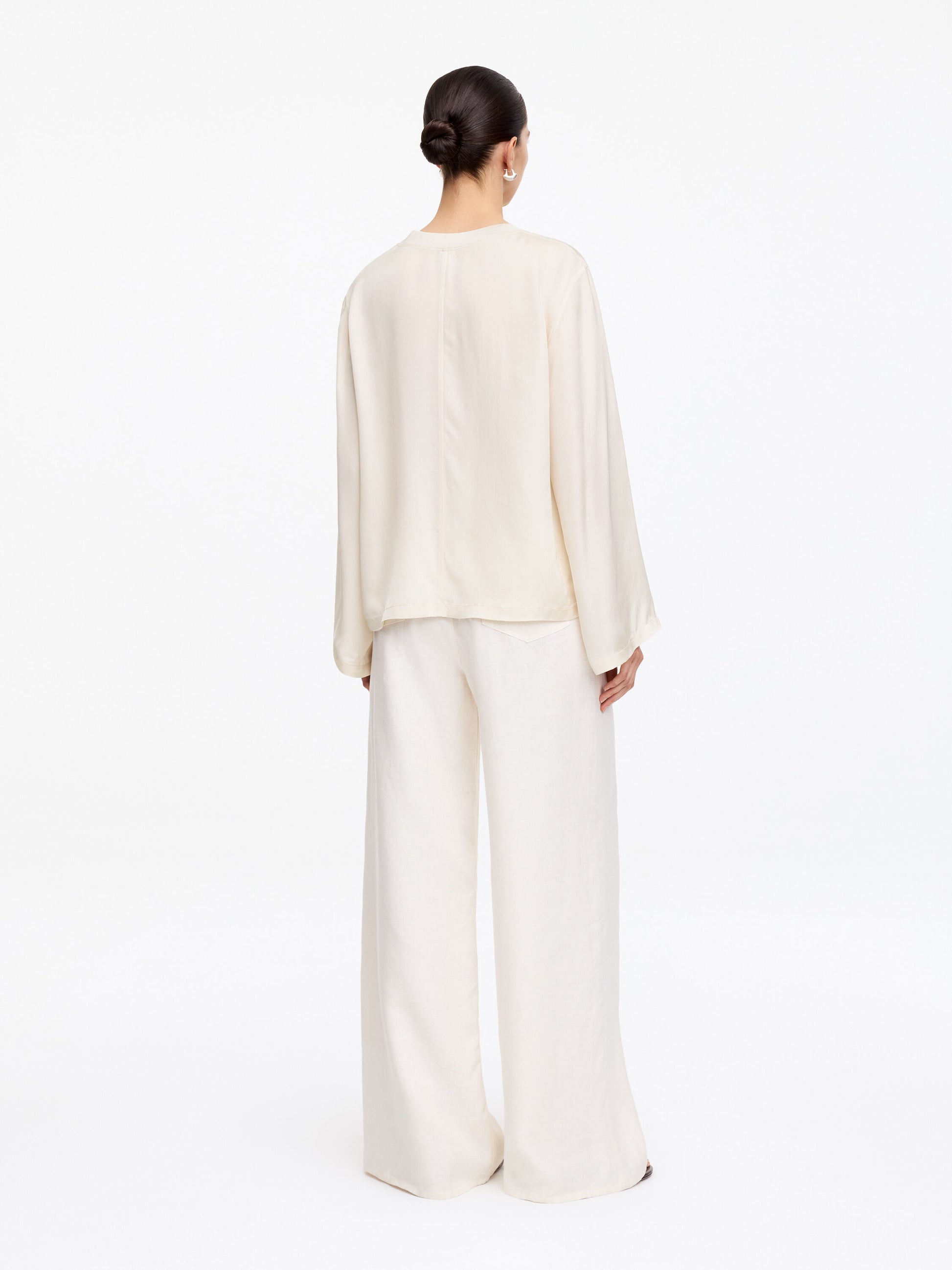 Long-Sleeve Satin Top - White - Image 3