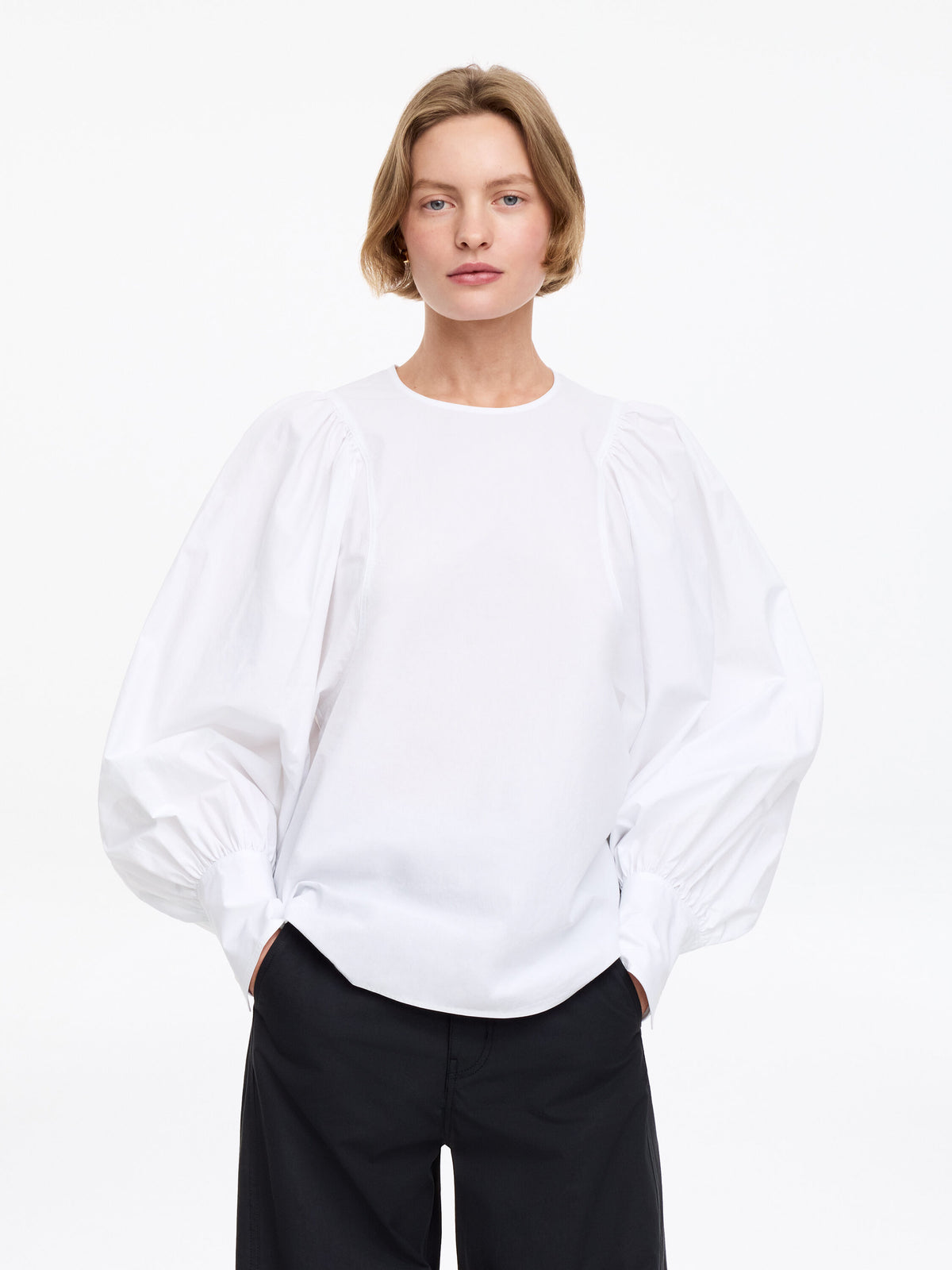 Volume-Sleeve Cotton Blouse - White