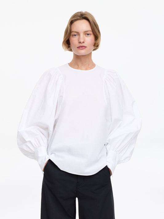Volume-Sleeve Cotton Blouse - White